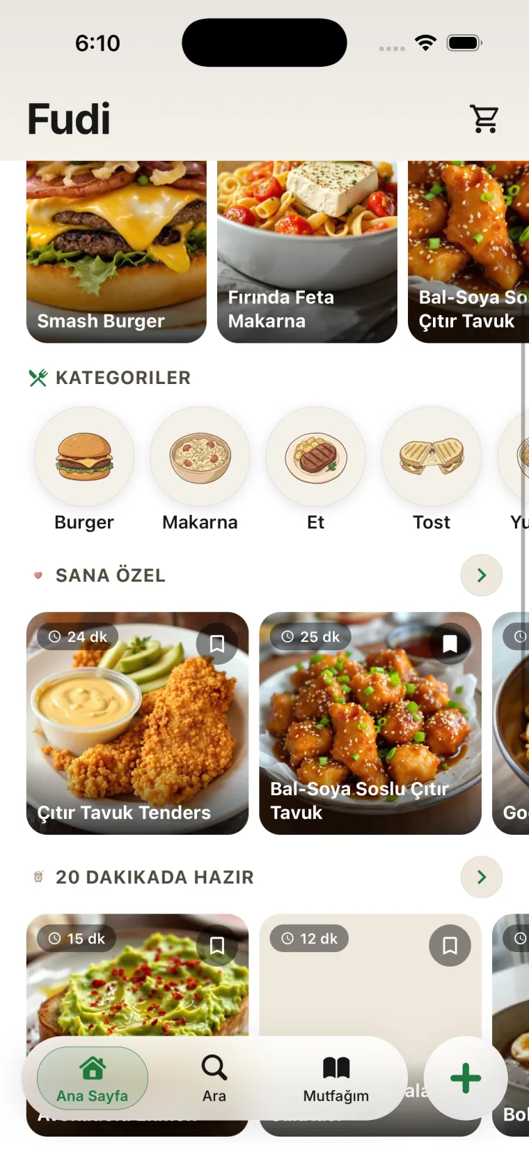 Fudi home screen in Turkish, with recipe categories and meal cards organized by cooking time.