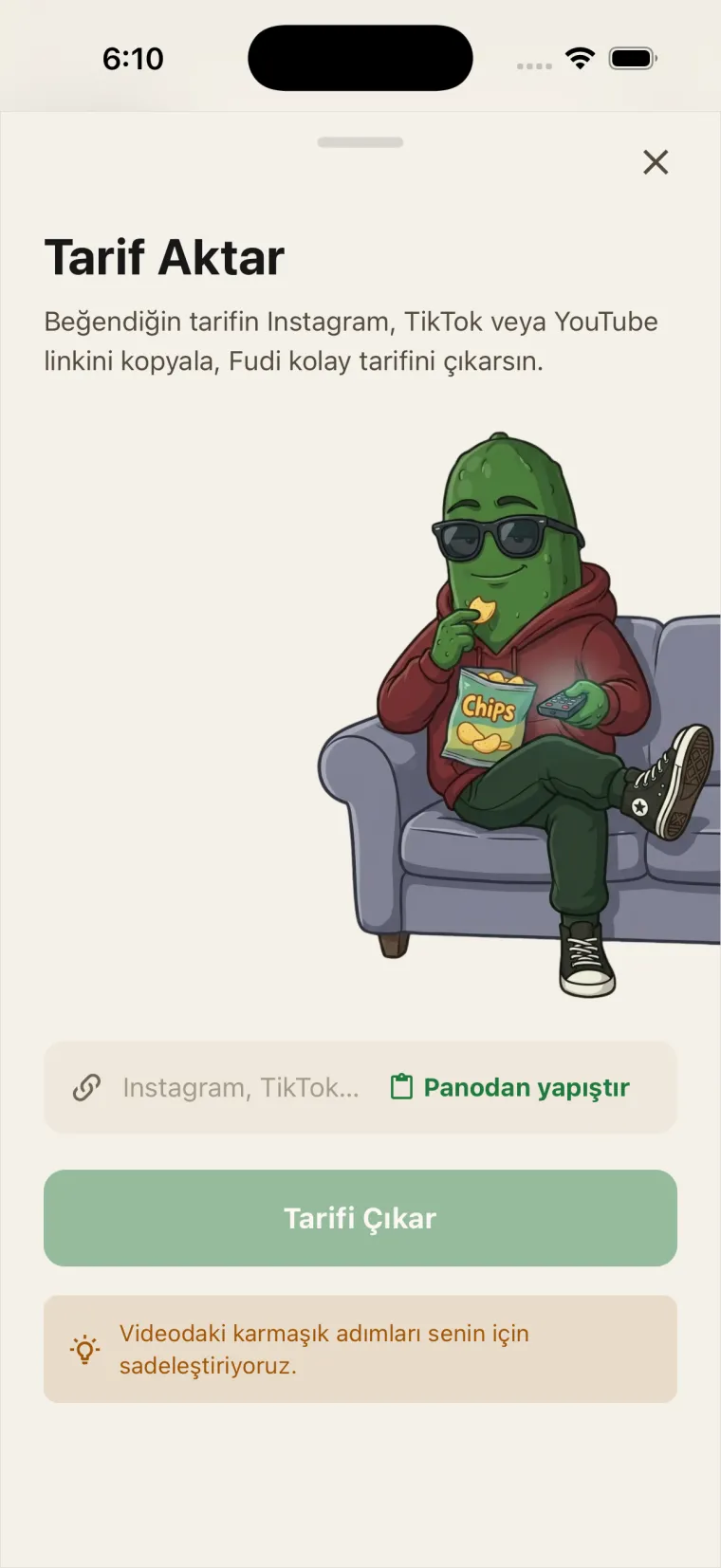Turkish Tarif Aktar screen with a recipe-link field and Fudi sitting on a sofa.