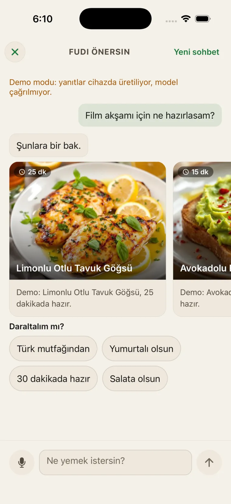Turkish Fudi Önersin demo conversation with recipe suggestions. A visible notice says responses are generated on the device without a model call.
